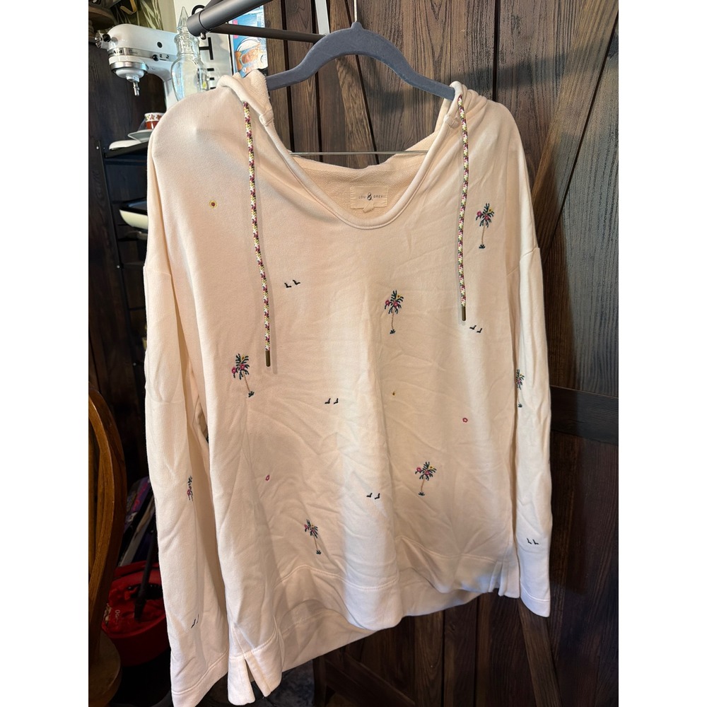 Lou & Grey Cream Palm Tree Embroidered Hoodie V-Neck Sweatshirt Womens Medium